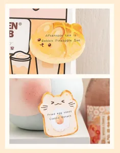 Gros plan de notes autocollantes en forme d'aliments avec bun lapin et toast œuf au plat.