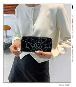 Detailed view of women's long zipper wallet with white spiderweb heart pattern