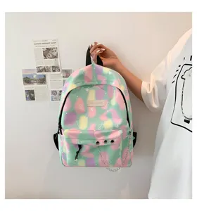 Pastel tie-dye canvas backpack for female students with decorative metal chain detail