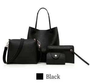 Detailansicht des 4-teiligen schwarzen Handtaschen-Sets mit Narbenleder-Muster