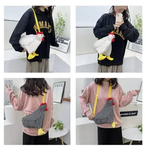 Süße Cartoon-Hühnchen-Plüschtasche in Weiß und Grau für trendige Studentenmode