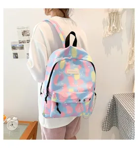Back view of a pastel colorful school backpack worn by a student in a cozy room