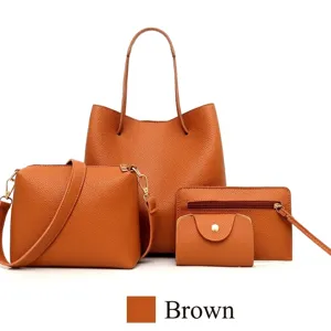 Damen Litschimuster PU Leder Schultertasche 4-Teiliges Set Mode Tote Umhängetasche Clutch Geldbörse