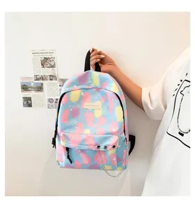 Close-up of a colorful pastel canvas backpack featuring trendy silver chain accents