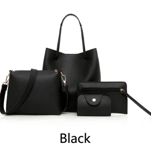 Schwarzes 4-teiliges Taschenset mit Litschimuster inklusive Shopper und Umhängetaschen