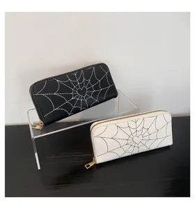 Detailed view of black and white spider web heart print long zip-around wallets for women