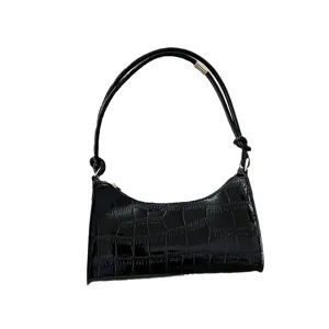 Black glossy crocodile pattern underarm baguette bag for women with shoulder strap