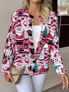 Detailed view of vintage Christmas cardigan with festive Santa Claus and tree patterns