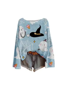 Halloween geest print off-shoulder lange mouw trui en denim shorts set voor vrouwen