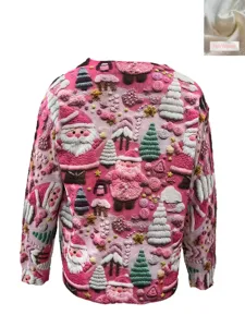 Detailed view of a pink vintage 3D Christmas sweater with textured Santa patterns.