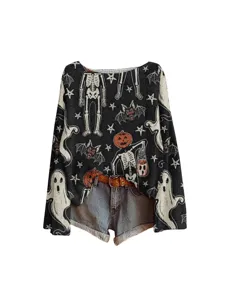 Halloween 3D print lang mouw boot hals trui gecombineerd met denim korte broek voor