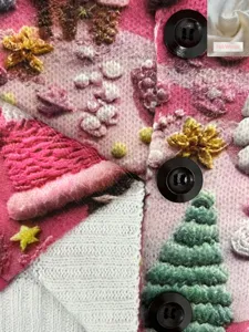 Macro view of a pink Christmas knit cardigan showing tree patterns and black buttons.