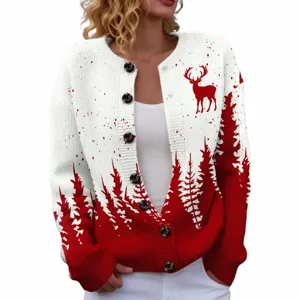 Women Christmas reindeer print cardigan sweater red white long sleeve casual knit top