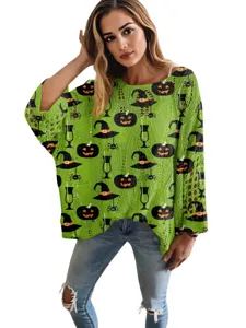 Maglione in Maglia Traforata di Halloween da Donna Pullover con Stampa Zucca Pipistrello a Manica Lunga Girocollo Top