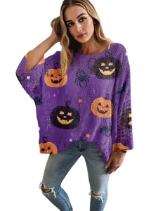 Maglione di Halloween viola traforato da donna con stampe 3D di zucche e ragni