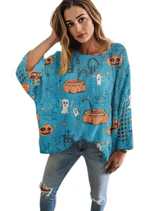 Maglione traforato blu da donna con stampa zucca di Halloween e vestibilità comoda moda