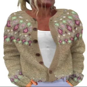 Vintage bohemian floral print long-sleeved knitted cardigan sweater for women in autumn