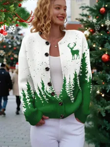 Christmas crewneck cardigan sweater with tree and reindeer print for women holiday winter casual wear.
