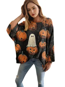 Maglione traforato di Halloween da donna con stampa zucca e fantasma stile ampio