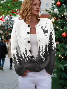 Christmas cardigan sweater for women, cute deer and forest print, long sleeve button down knitwear.