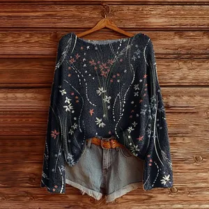Off-shoulder long sleeve floral knit sweater women casual botanical print pullover top