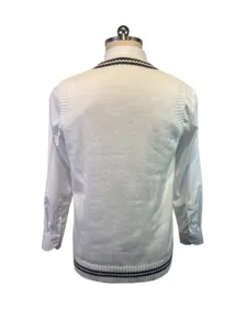 Back view of unisex V-neck knit sweater vest with classic striped trim details in white