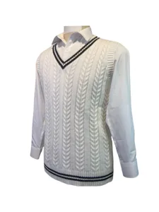 Close-up detail of a classic white cable-knit V-neck cricket sweater vest on mannequin