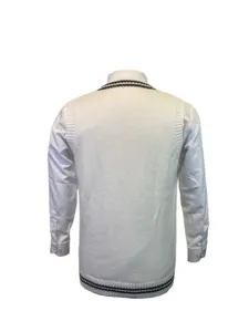 Detailed back view of white casual knitted V-neck vest with navy blue striped trim