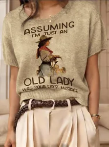 Jersey de punto vintage para mujer con manga corta y cuello redondo estampado