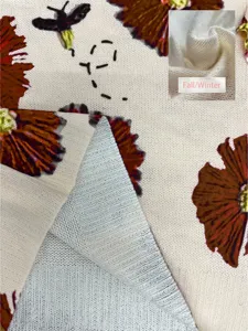 Close-up of the intricate knit fabric and floral pattern of a Bohemian sweater.