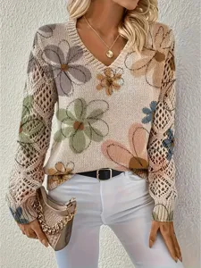 Women Bohemian Floral Print V-Neck Knit Sweater Elegant Long Sleeve Hollow Out Pullover Boho Style Knitwear Top