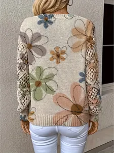Back view of bohemian white floral knit sweater with elegant crochet mesh sleeves