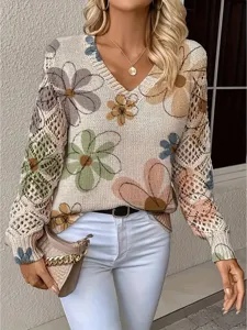 Close-up of elegant bohemian floral V-neck long sleeve knit sweater texture