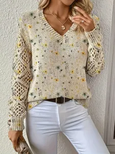 Bohemian floral V-neck knit sweater with elegant hollow out long sleeves style details
