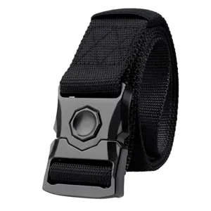 Durable black nylon tactical belt with quick-release alloy buckle for outdoor activities.
