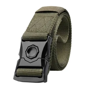 Military green tactical belt with heavy-duty black alloy quick-release buckle