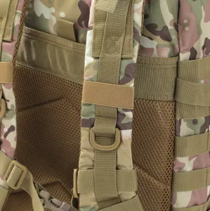 Close-up of tactical camouflage backpack with breathable mesh and Molle webbing detail.
