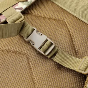 Detail view of tactical backpack buckle and breathable honey-comb mesh back panel