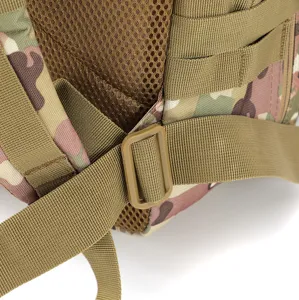 Macro detail of camouflage tactical backpack shoulder strap buckle and mesh back