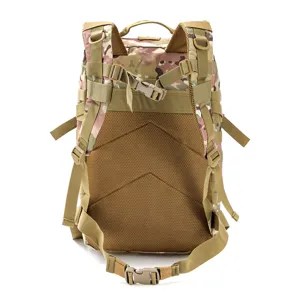 Detail view of camouflage tactical 3P backpack with breathable mesh back padding.
