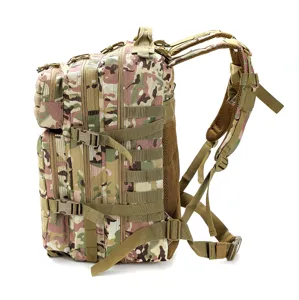 Detailed side view of this 45L camouflage tactical backpack with durable Molle webbing.