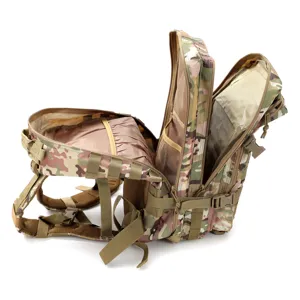 Tactical 45L camouflage backpack with multiple open compartments for outdoor camping and hiking