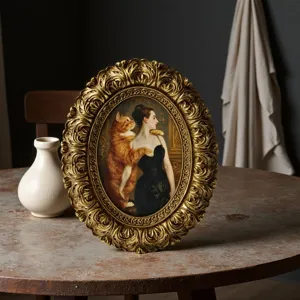 French vintage distressed gold oval relief picture frame with funny cat and lady art decor.