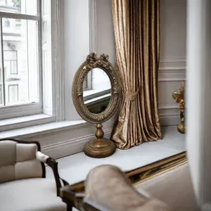 Ornate vintage gold desktop frame with French style carvings shown in an elegant room setting