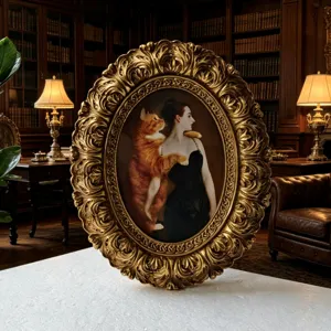 French Vintage Antique Gold Oval Relief Resin Picture Frame Funny Cat Lady Portrait Oil Painting Luxury Wall Tabletop Home Decor Accent Painting