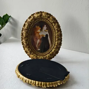 French vintage distressed gold oval picture frame with funny cat and noblewoman home decor