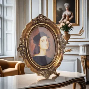 Detail eines verzierten goldenen Barock-Fotorahmens mit antiken Reliefmustern und Glas