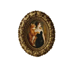 French vintage gold oval relief picture frame with funny cat oil painting for wall decoration.