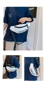 Mehrere Ansichten einer weißen Techwear-Brusttasche für tägliche Freizeitkleidung.
