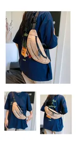 Detailansicht einer beigen Nylon-Brusttasche aus verschiedenen Winkeln am Modell.